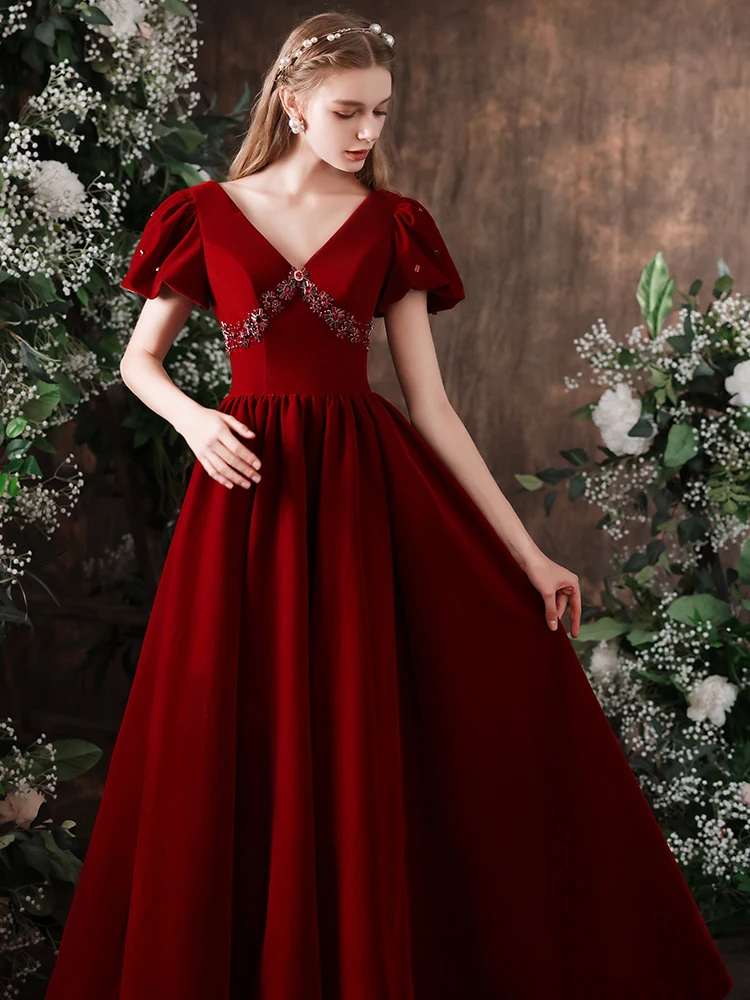 Vintage Bride Toasting Evening Dress Simple V-Neck Puff Sleeve Banquet Gown Classic Back Lace-Up Floor Length Wedding Dress