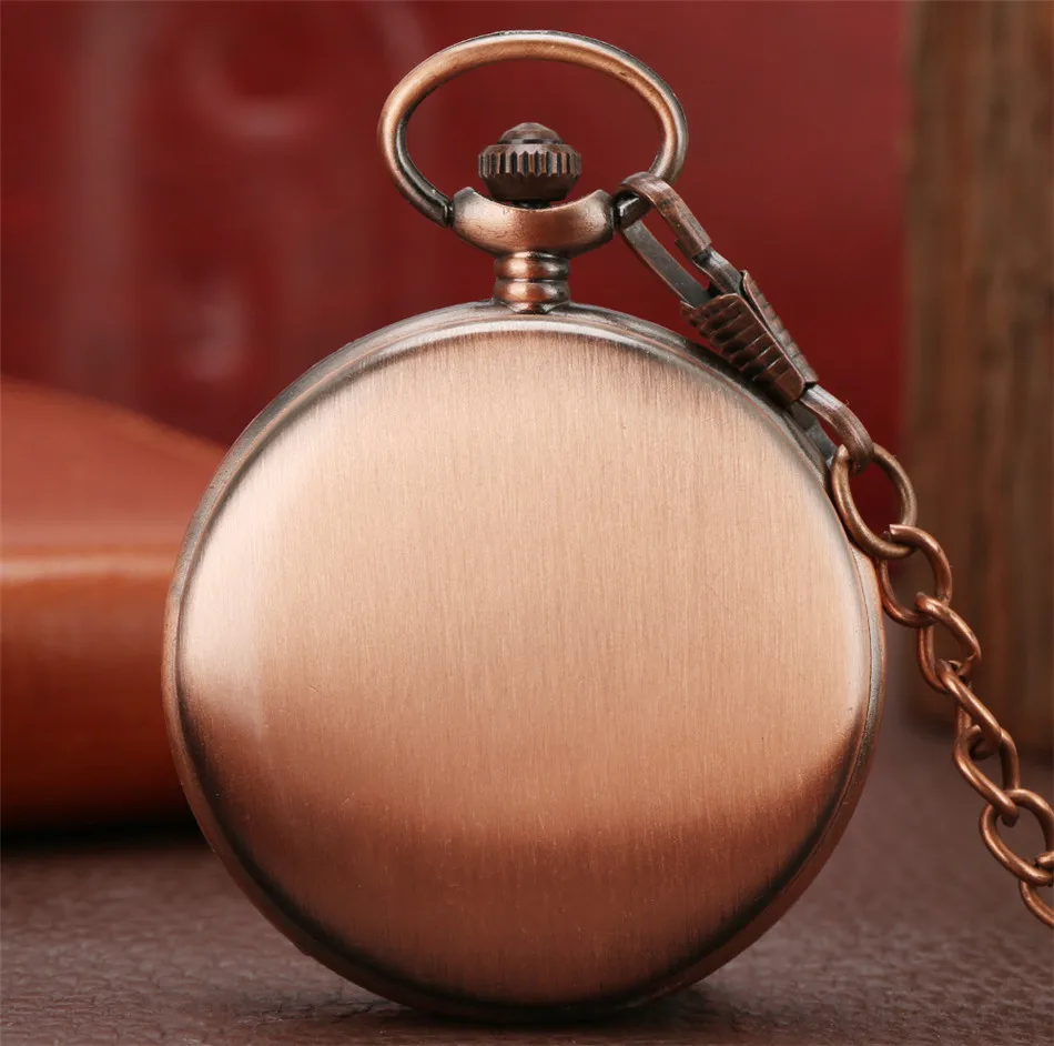 Vintage Red Copper Pocket Watch Double Smooth Hunters Arabic Numerals Display Punk Pocket Chain Pendant Clock Quartz Movement