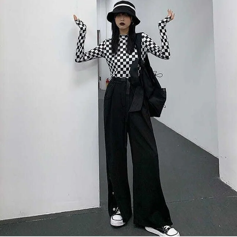 Checked T-shirts Women Retro Y2k Aesthetic Korean Style Ins Plaid Mujer Stylish Long Sleeve Clothes High Street All-match Fall