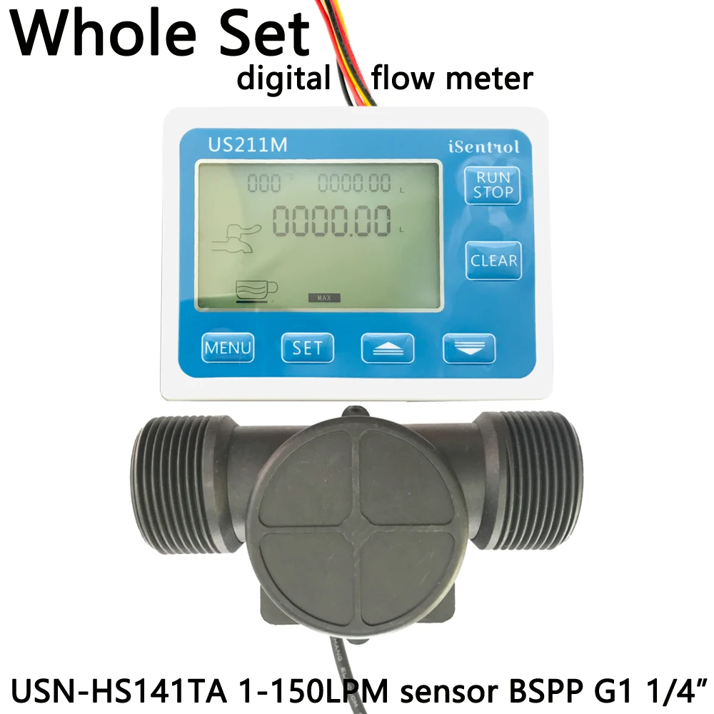 US211M Digital Flow Meter & USN-HS141TA PA66 Nylon and Fibre Glass Hall Flow Sensor Measurement 1-150L/minBSPP G1 1/4