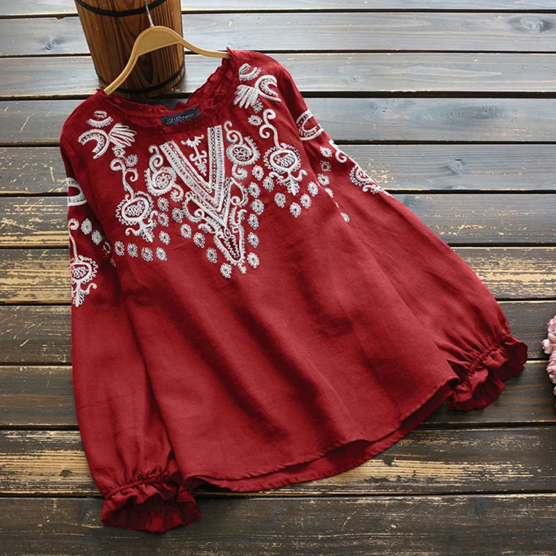 Fashion Ruffle Shirts Women\'s Embroidery Blouse 2023 ZANZEA Casual Long Sleeve Blusas Female O Neck Tunic Oversized Floral Tops