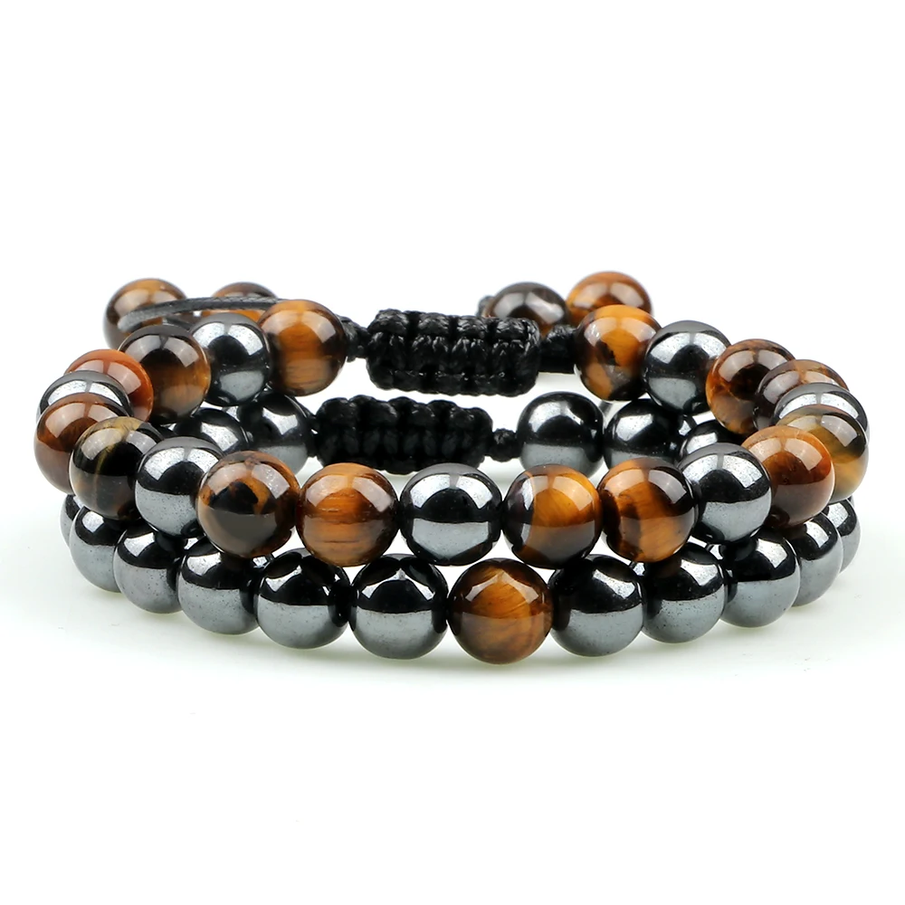 2pcs/set Hematite Tiger Eye Beads Bracelet Men Charm Natural Black Obsidian Stone Bracelet Women Handmade Jewelry Gifts Pulseras