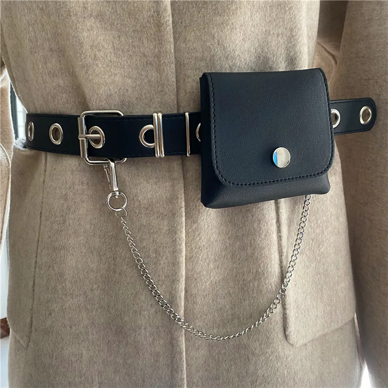 Punk New Silver Pin Buckle Tassel Chain Belt Black Faux Leather Hollow Rivet Waist Strap HOT Small Phone Pouch Bag Bar Girl Jean