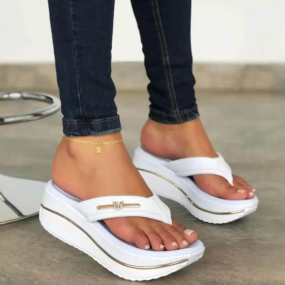 Thick bottom Flip Flops woman slippers metal buckle decor Slope heel Beach shoes mixed color Sandals Summer lady slippers