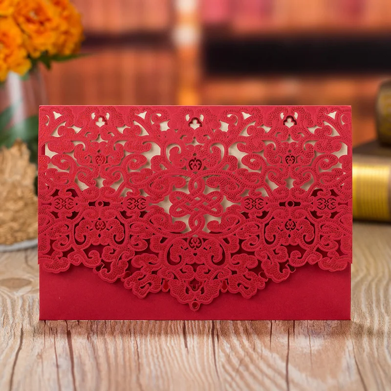 1pcs Rustic Wedding Invitations Card Navy Blue and Gold Red White Ivory Laser Cut Bride Groom Greeting invites Envelope marriage