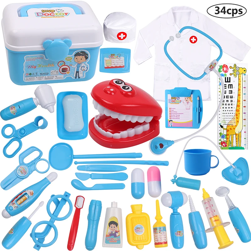 34Pcs Pretend Doctor Dentist Toys for Children Medical Kit with Light Sound for Toddlers Portable Suitcase Role Play Game Gift