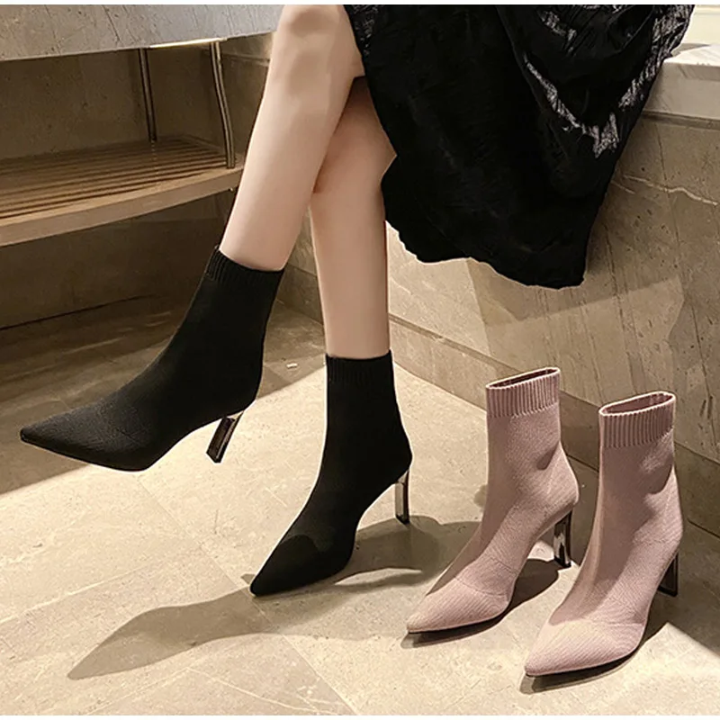 Nice Women Stretch Sock Boots Pointed Toe Female Heels Shoes Autumn Winter Woman Square Heels Ankle Boot Elastic Fabric Shoes