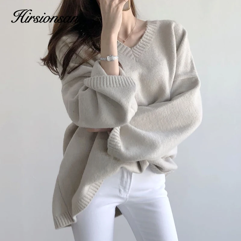 Hirsionsan V Neck Cashmere Sweater Women 2023 Autumn New Elegant Knitted Casual Pullovers Loose Soft Female Jumper Lazy Oaf