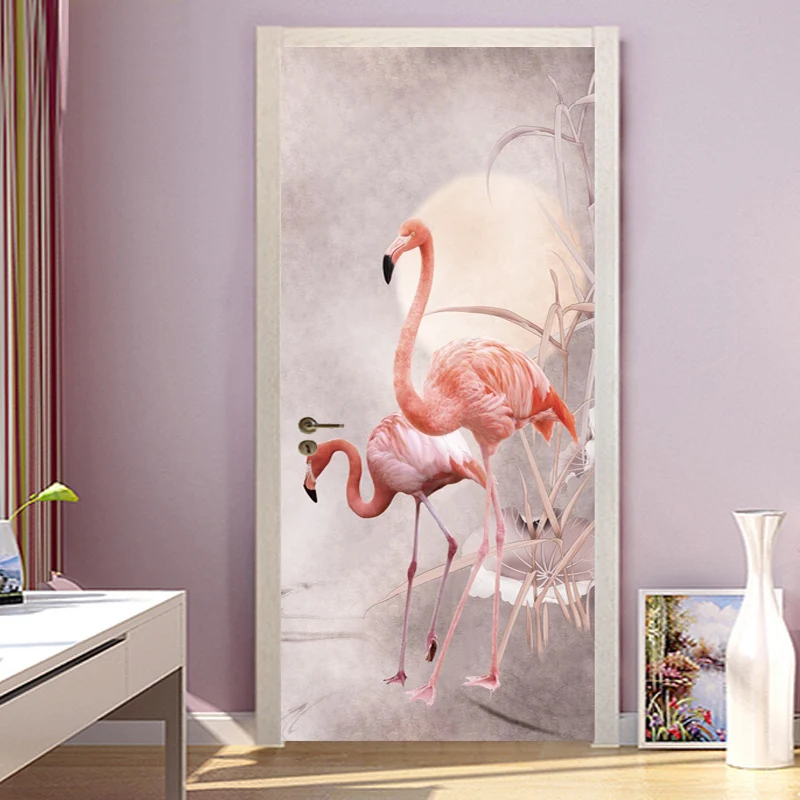 Self-Adhesive Door Sticker 3D Pink Bird INS Nordic Style Wallpaper Bedroom Door Poster PVC Waterproof Sticker Door Decal Murals