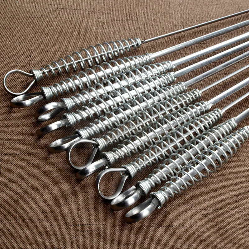 50cm Stainless Steel BBQ Skewer Barbecue Tool Spring Handle Kebab Flat BBQ Needle Stainless Outdoor Picnic Accessories 6-12pcs