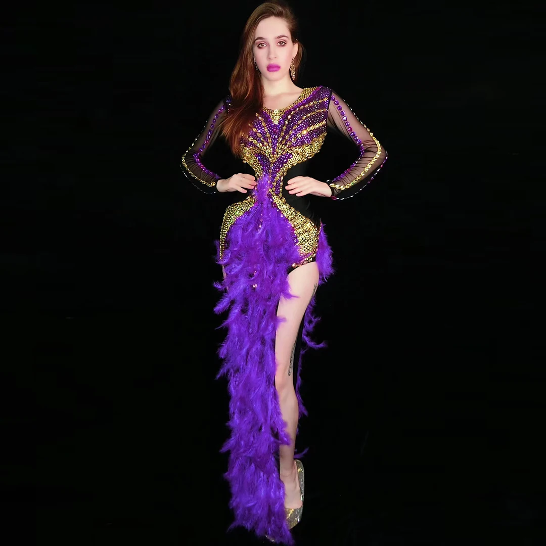 

Transparent Sleeve Women Dancer Outfit Birthday Celebrate Prom Dress Purple Gold Rhinestone Feather Backless Long Dresses