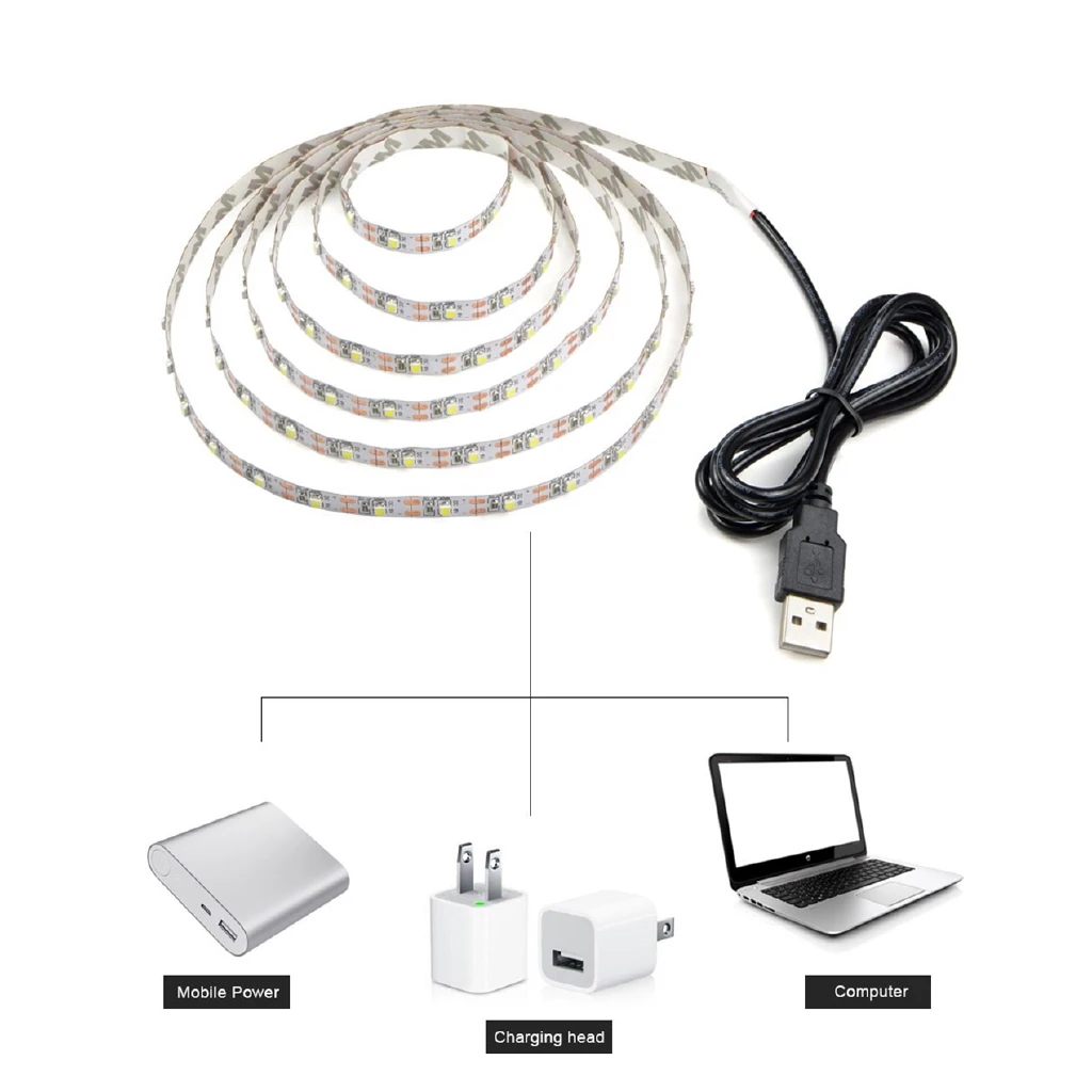 LEDストリップライト,5V DC,USB電源,フレキシブル,ウォームホワイト/ホワイト,1m,2m,3m,4m,5m,休暇用照明,2835