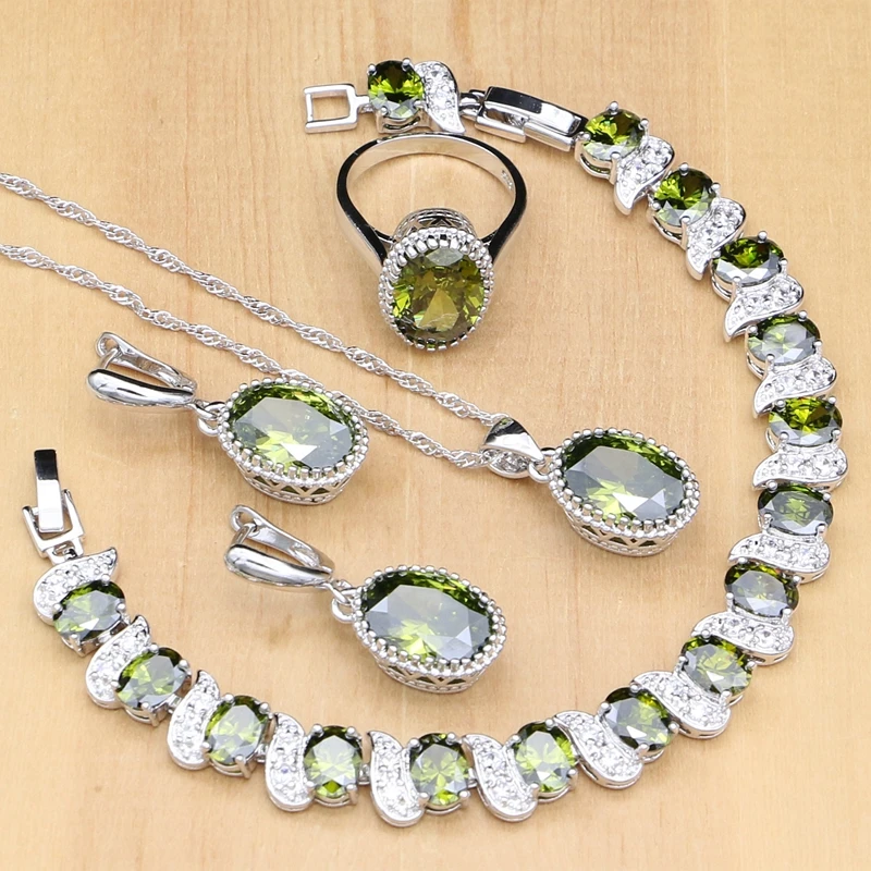 925 Sterling Silver Bridal Jewelry Sets Olive Green Zircon Beads For Women Earrings/Pendant/Rings/Bracelet/Necklace Set