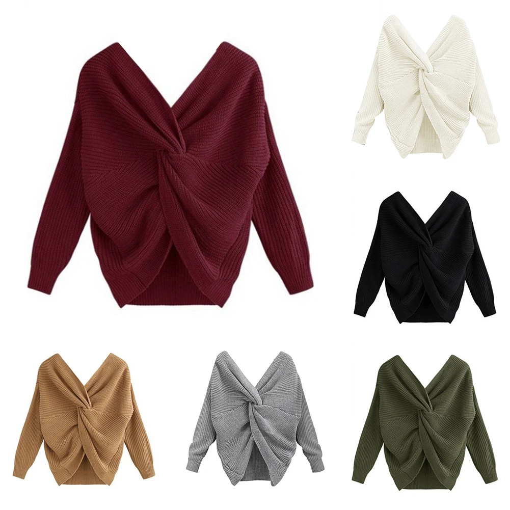 Solid Color V Neck Twisted Back Knot Sweater Women Long Sleeve Jumpers Pullover Girls knit Sweater