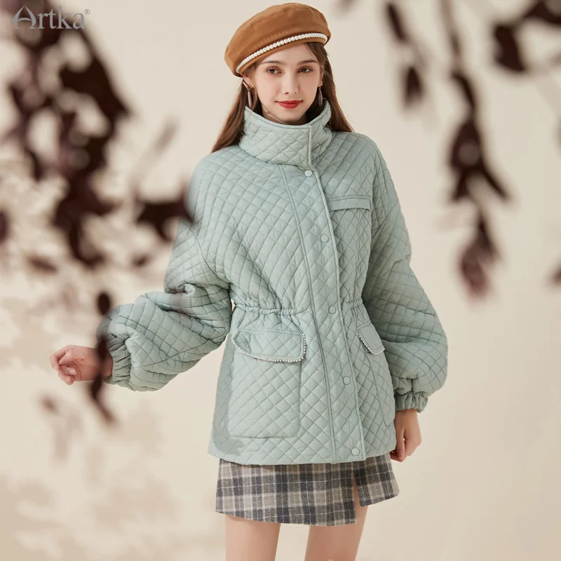 ARTKA 2021 Winter New Women Parkas Elegant Stand Collar Diamond Plaid Coat Drawstring Long Sleeve Warm Parkas Outerwear MA20011D