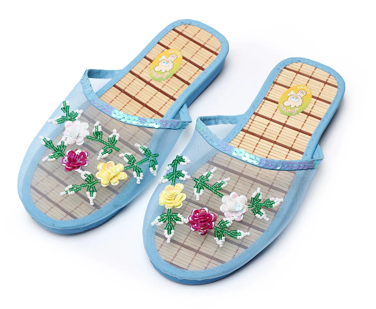 Zapatillas de interior con lentejuelas para mujer, zapatos planos, chanclas de playa de malla hueca de verano, chanclas informales Baotou creativas de malla de flores