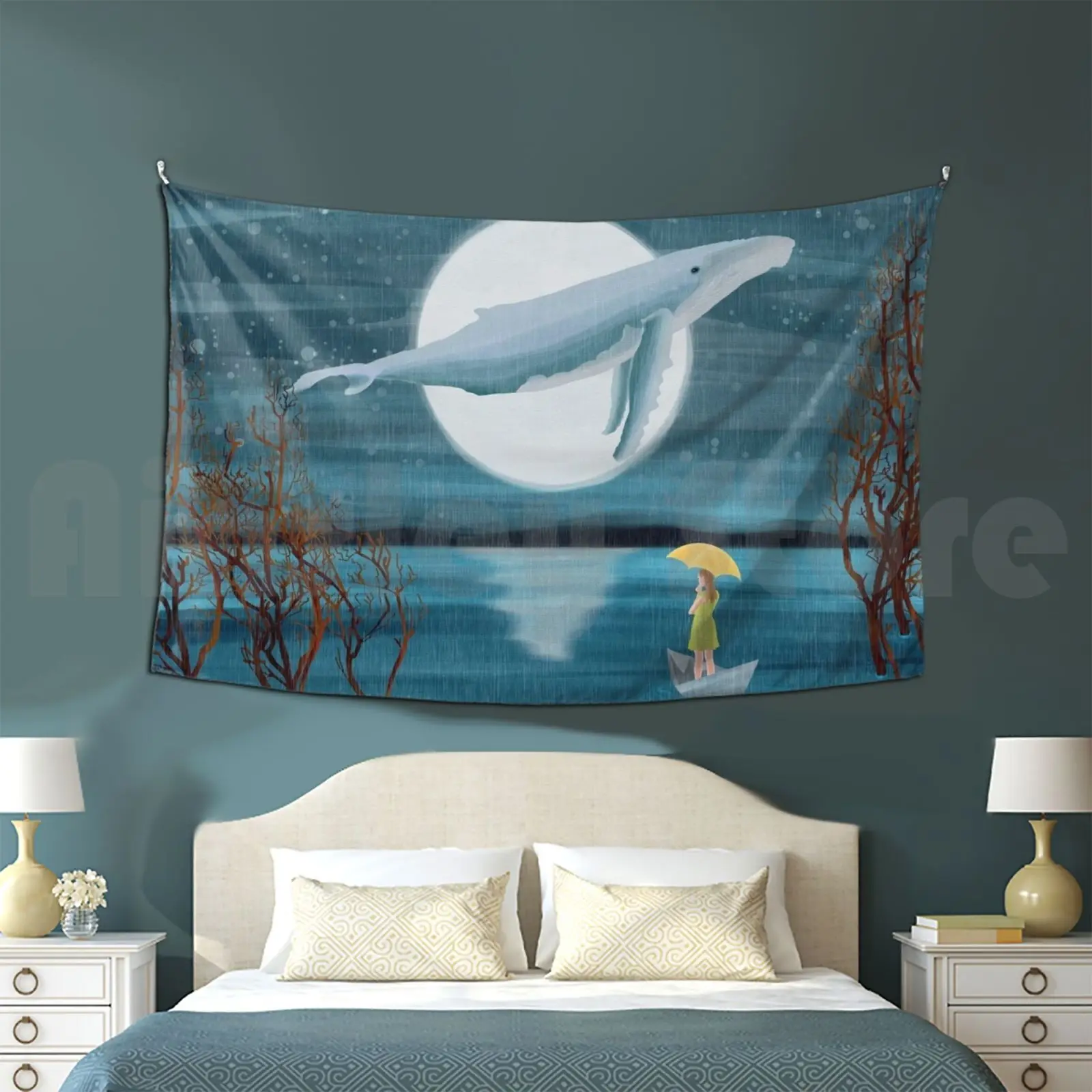Strange Waters Tapestry Living Room Bedroom 2865 Girls Sailing Blue Whale Surreal Illustration For Children Kids