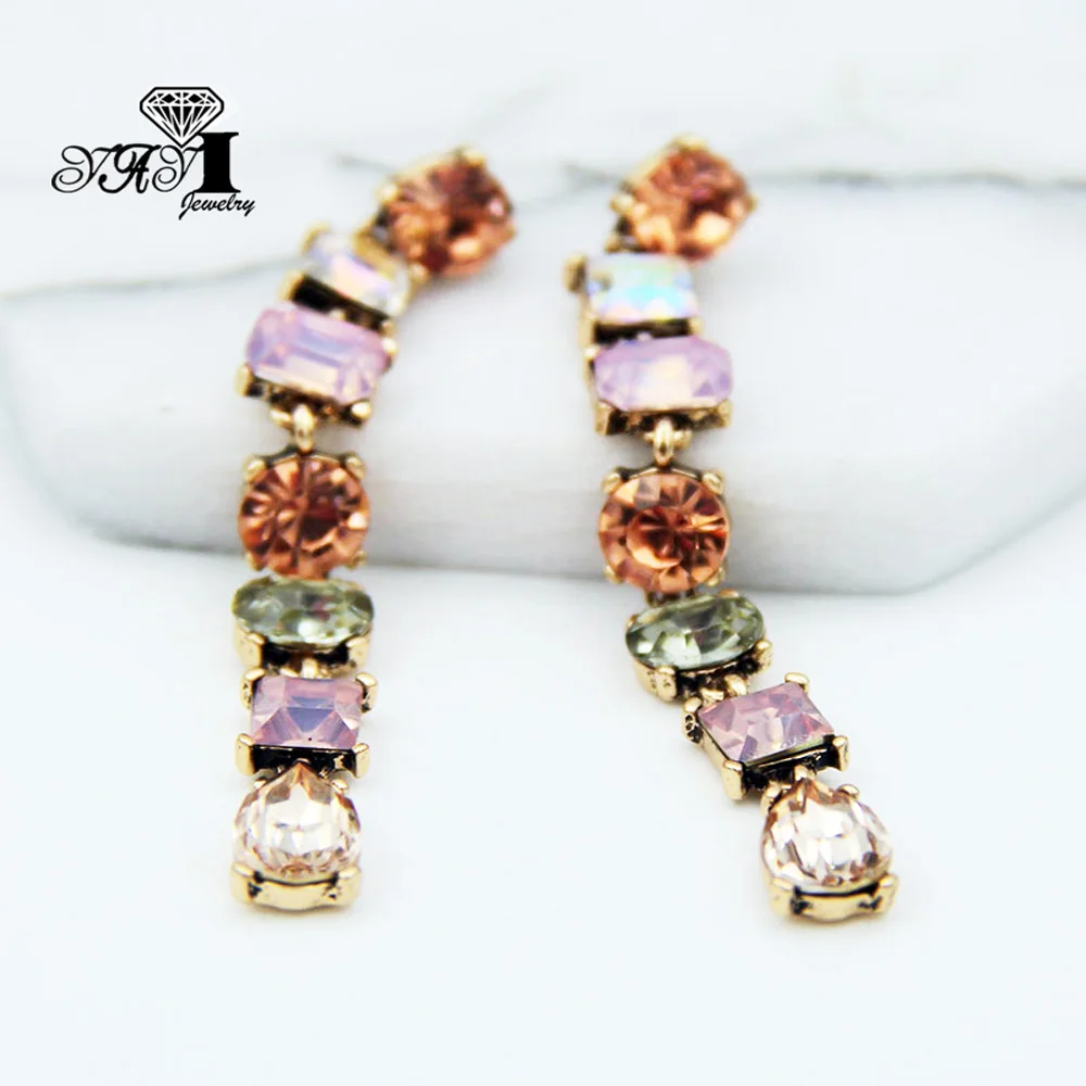 YaYi Jewelry Fashion Colorfull Glass Crystal Rhinestone Dangle Women Ancient Gold Color Wear Ear Band Long Tassel Earrings