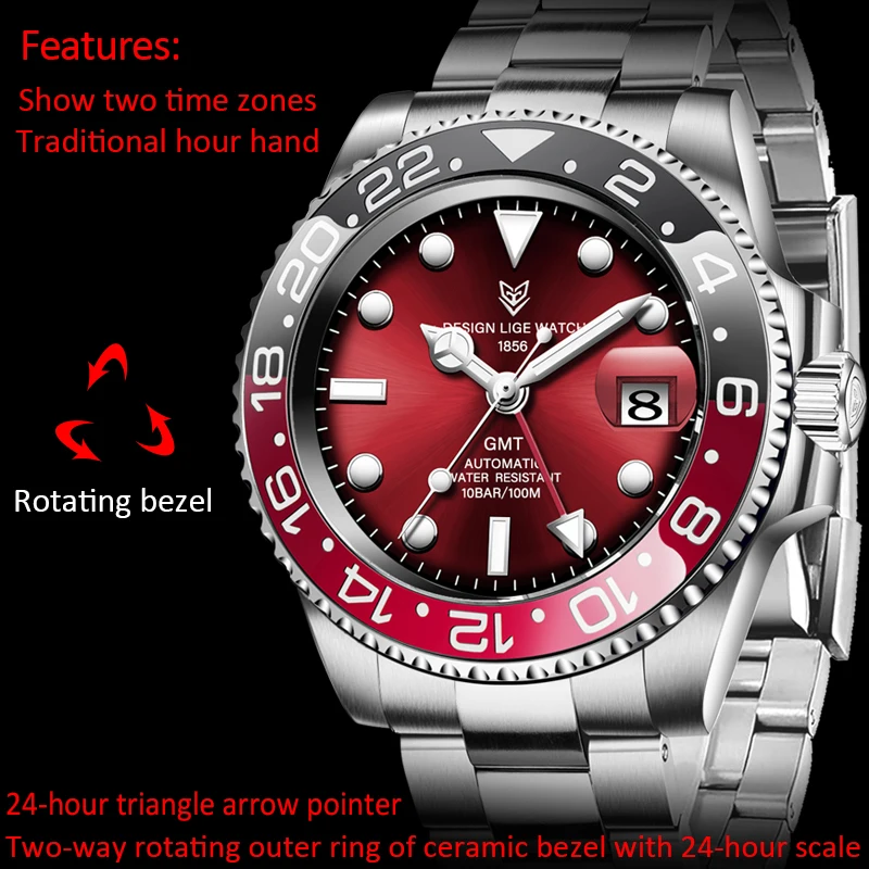 LIGE DESIGN Men GMT Automatic Mechanical Watch Ceramic Bezel 316L Stainless Steel 100ATM Waterproof Clock Sapphire Glass Watches