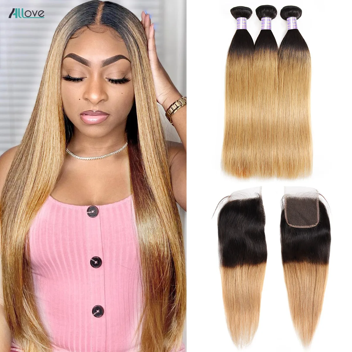 Allove 1B/27 Ombre Bundles With Closure Brazilian Straight Human Hair Bundles Colored 3 Bundles Deal With 4x4 Lace Closure