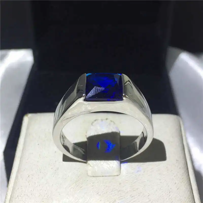 Solid s925 Sterling Silver Rings For Men Women Square Blue Sapphire Stone Wedding Bands CZ Promise Engagement Ring Male Jewelry