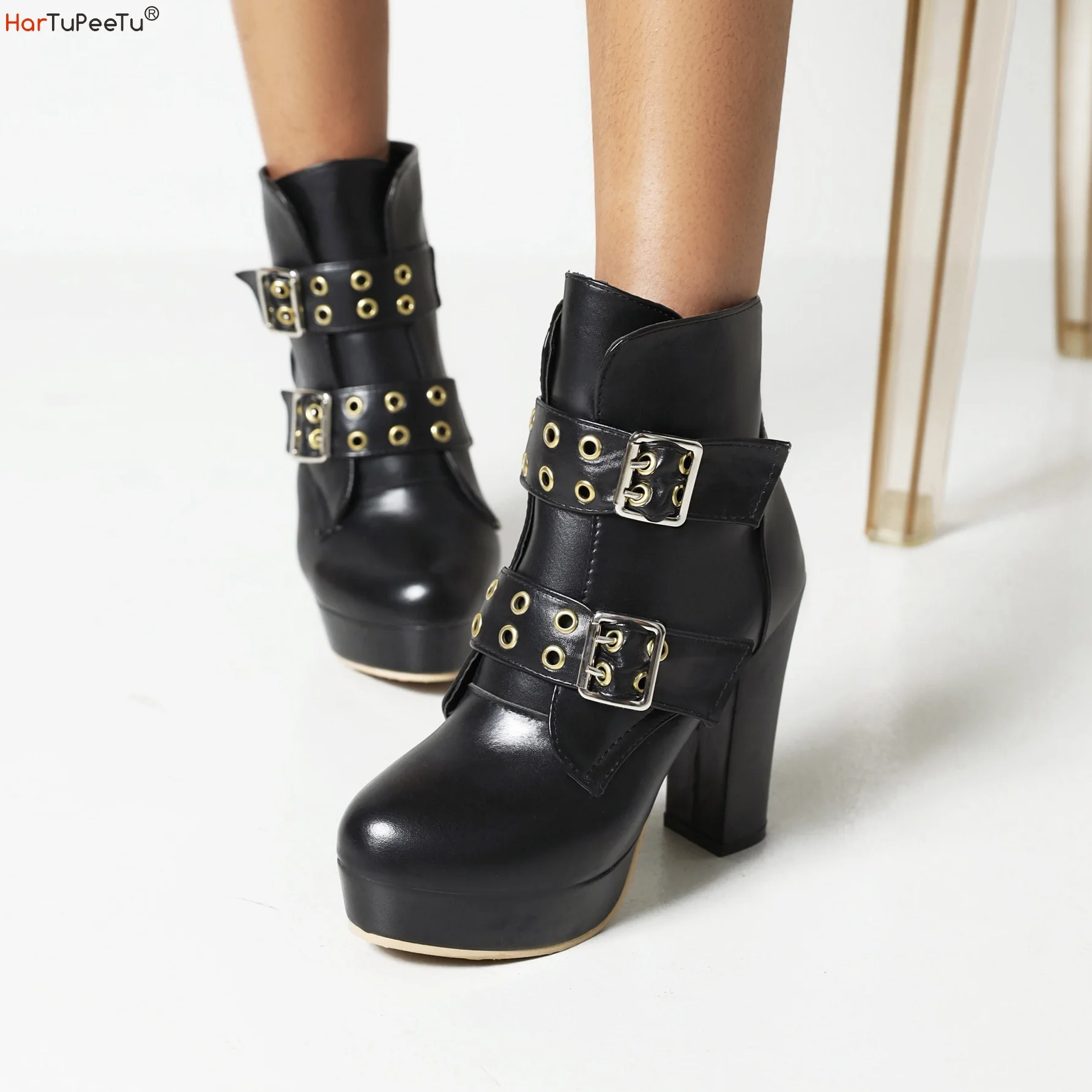 

Punk Style PU Ankle Modern Boots Women Autumn Winter Short Plush Size 34~48 Platform Shoes Buckle Chunky High Heels Pumps