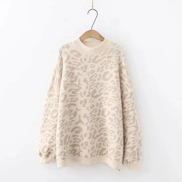 2024 New Women\'s sweater Autumn And Winter Knitted Loose Leopard Round Neck Pullover Long Lantern Sleeve Sweater