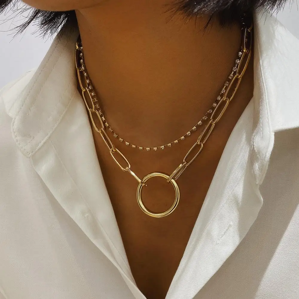 Flashbuy Gold Color MultiLayer Crystal Metal Chain Choker Necklace for Women Charm Big Circle Necklace Jewelry Accessories Gift