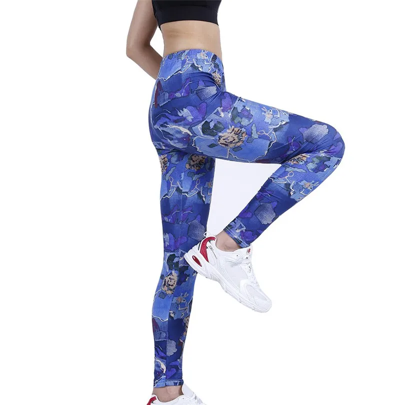 LJCUIYAO New Pants Women Leggings Fitness Soft Tights High Waist Dream Blue Flower Printing Pattern Sports Ankle-Length Clothes