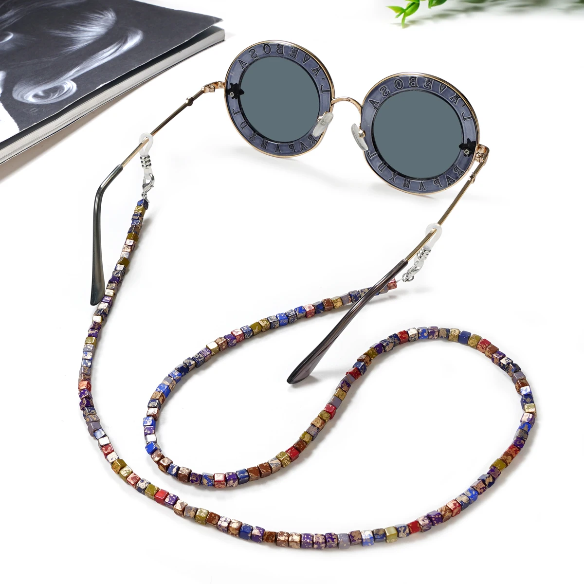 Cube Stone Eyeglasses Chain for Women-Vintage Color beaded Stone Eyewear Chains for Women-Stylish Sunglasses Necklace for Women