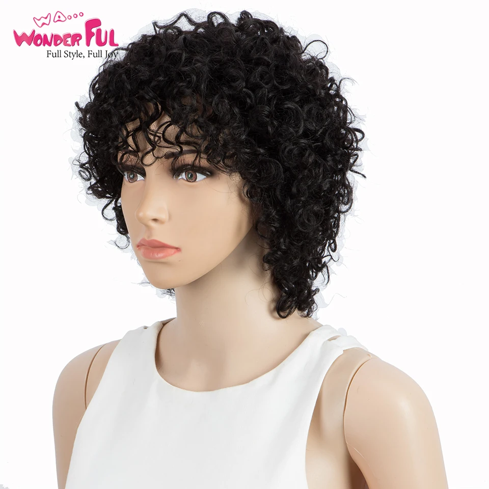 Wonderful Short Afro Kinky Curly Wig Human Hair Wig For Black Women 100% Remy Human Hair Short Wig Full Machine Made Wig Black