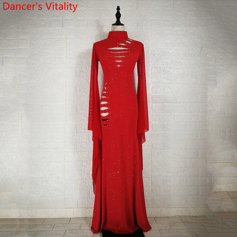 Winter Belly Dance Group Practice Clothes Diamond Cut out Long Sleeve Robe Drum Oriental Indian Dancing Performance Stage Wear