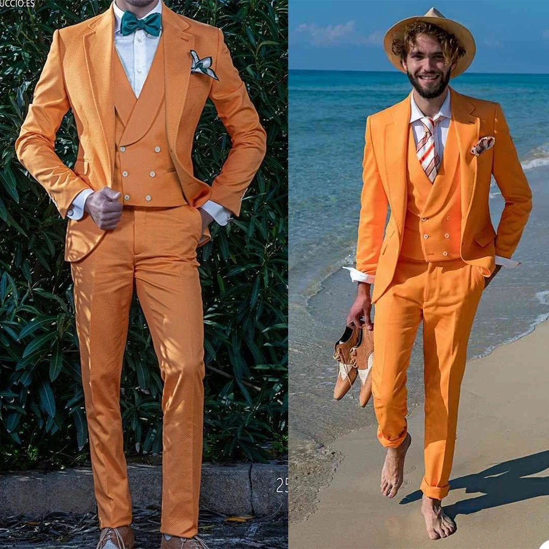 Casual Men Tuxedos Suits Peaked Lape 3 Pieces Set (Vest +Jacket +Pants) Holiday Party Beach Daily Photoshoot Blazer