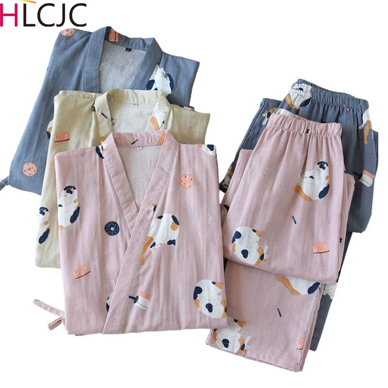 Kimono Sleepwear Man Women Couples Japanese Traditional Yukata Robes Gauze Pajamas Sets Cute Cats Print Nightgown Pyjamas Femme