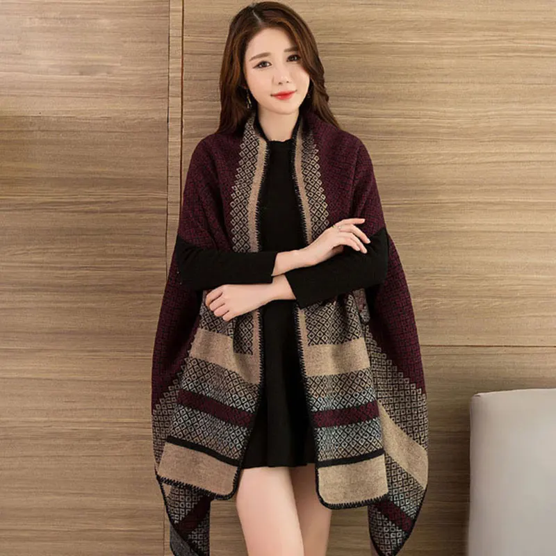 New 2024 Luxury Brand Women Winter Scarf Warmer Shawl Ladies Plaid Blanket Knit Wrap Cashmere Poncho Capes Female Echarpe