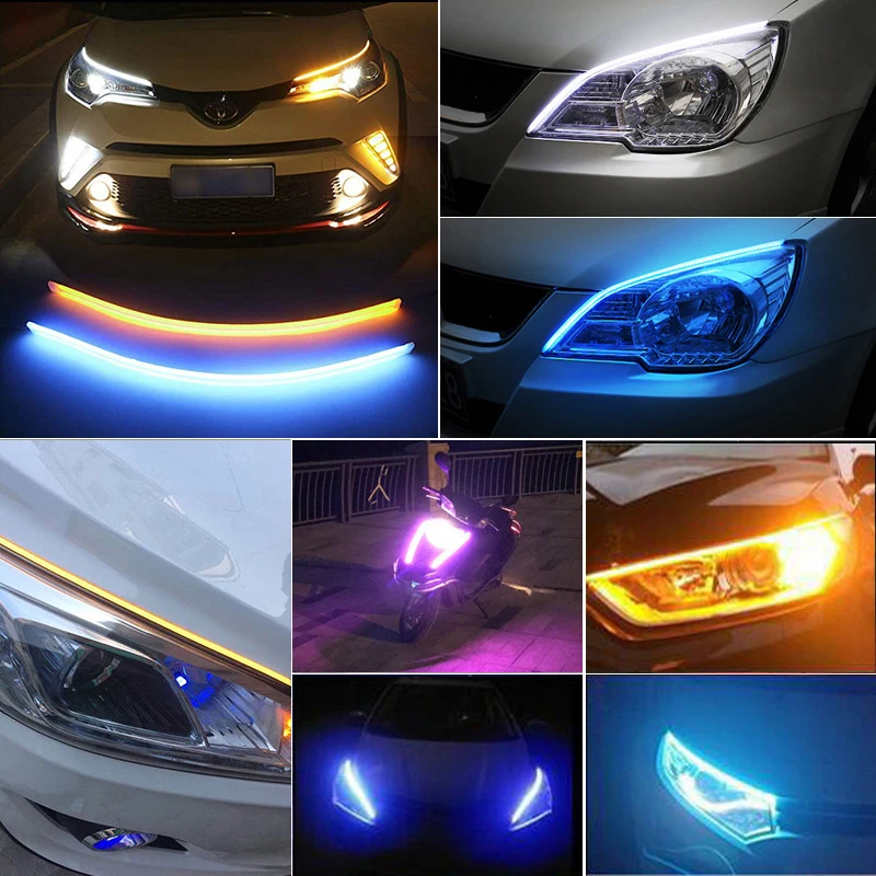 2pcs Car LED DRL Lights Strip Waterproof Flexible LED RGB Lights Bar For Auto Headlight Yellow Sequence Turn Signal With DRL 12V