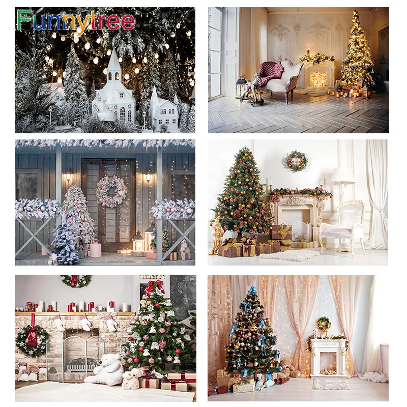 Funnytree Christmas Background New Year Xmas Tree Fireplace Backdrop Winter Decor Photography Baby Show Photo Studio Photophone