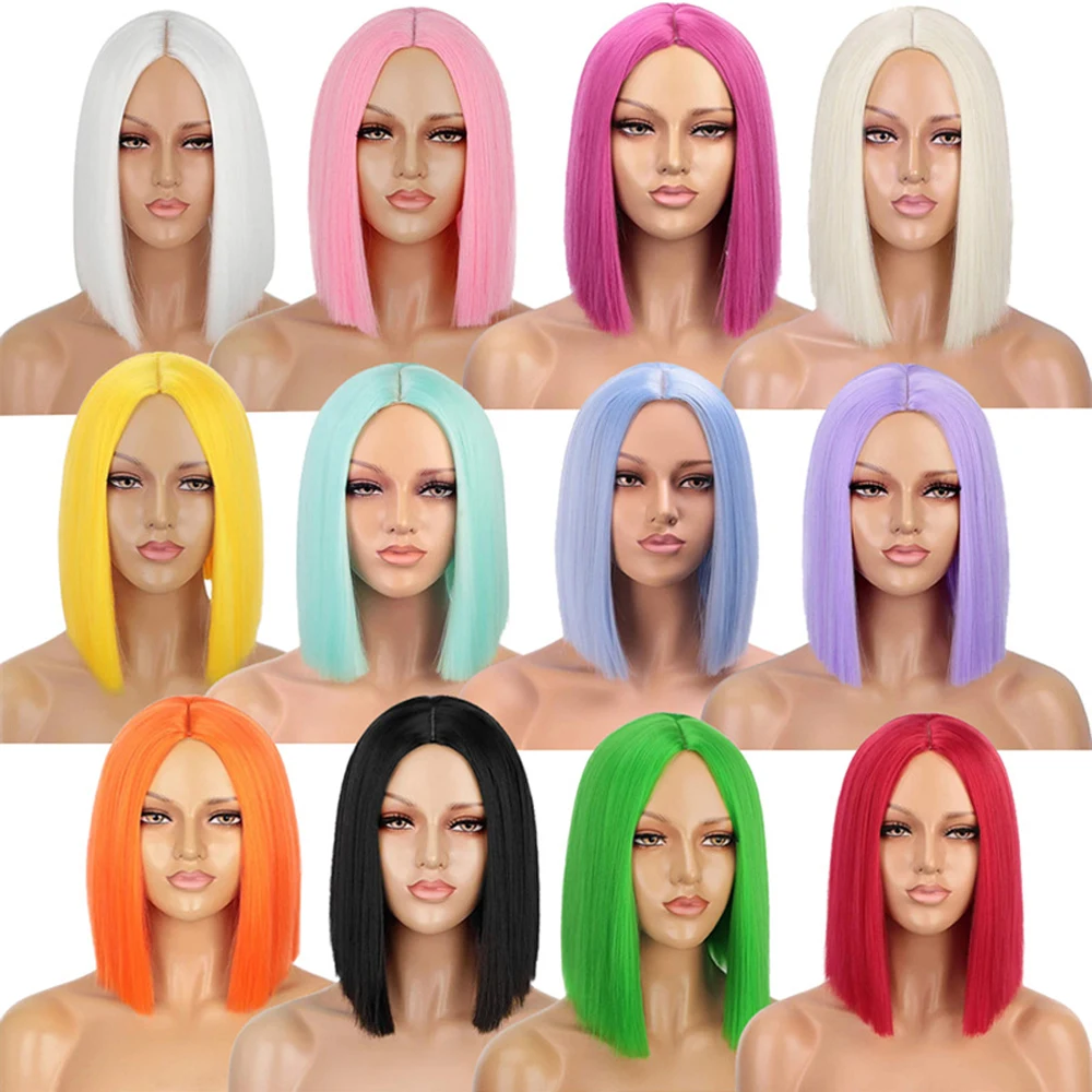 Peluca Bob corta sintética de Pelo Liso para mujer, peluca colorida de Cosplay con rayita media, resistente al calor, negro, azul y rosa