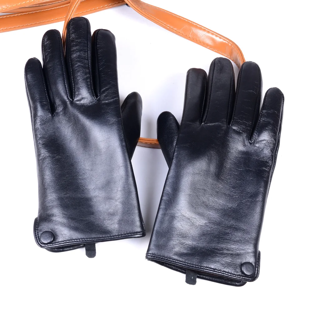 Men\'s Winter Warm Real Leather Classical Wrist Button Snap-fastener Black Touch Screen Casual Driving Short Gloves