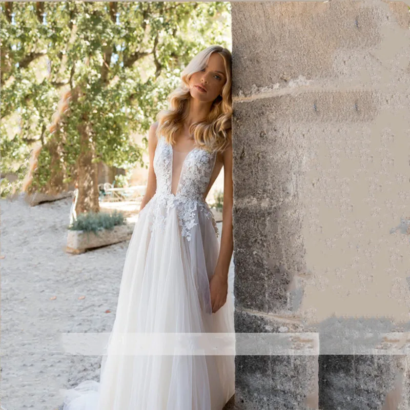 Sexy V-ausschnitt Hochzeit Kleider Boho Weg Von der Schulter Spitze Applique Backless Bodenlangen A Line Tüll Brautkleider Vestido de noiva