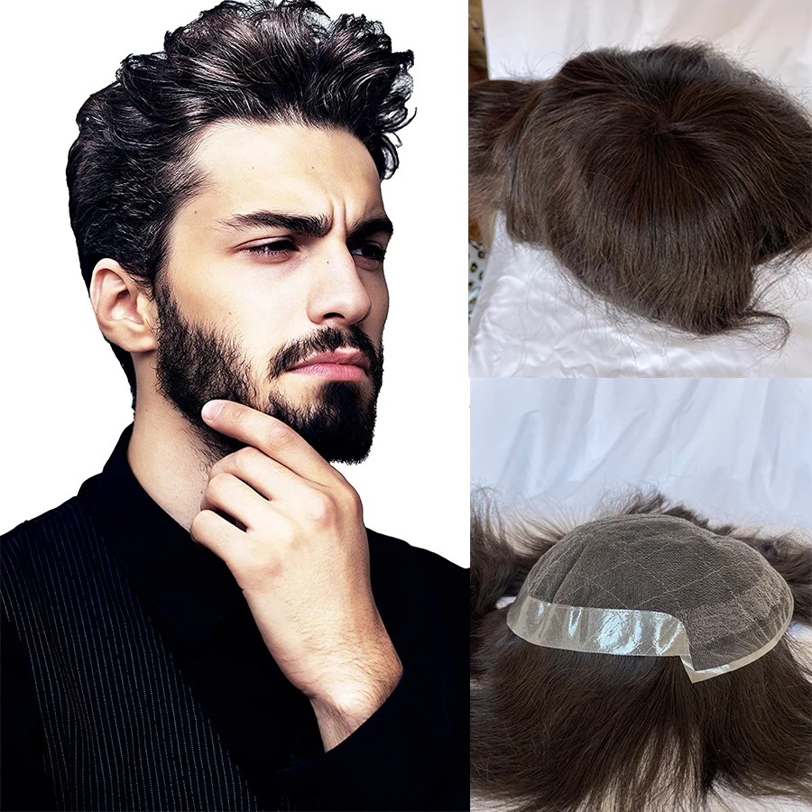 European Human Hair Pieces for Men Toupee Lace and Around PU Hair Replacement System Natural Wavy In Stock 7X9 Brown 2# Color