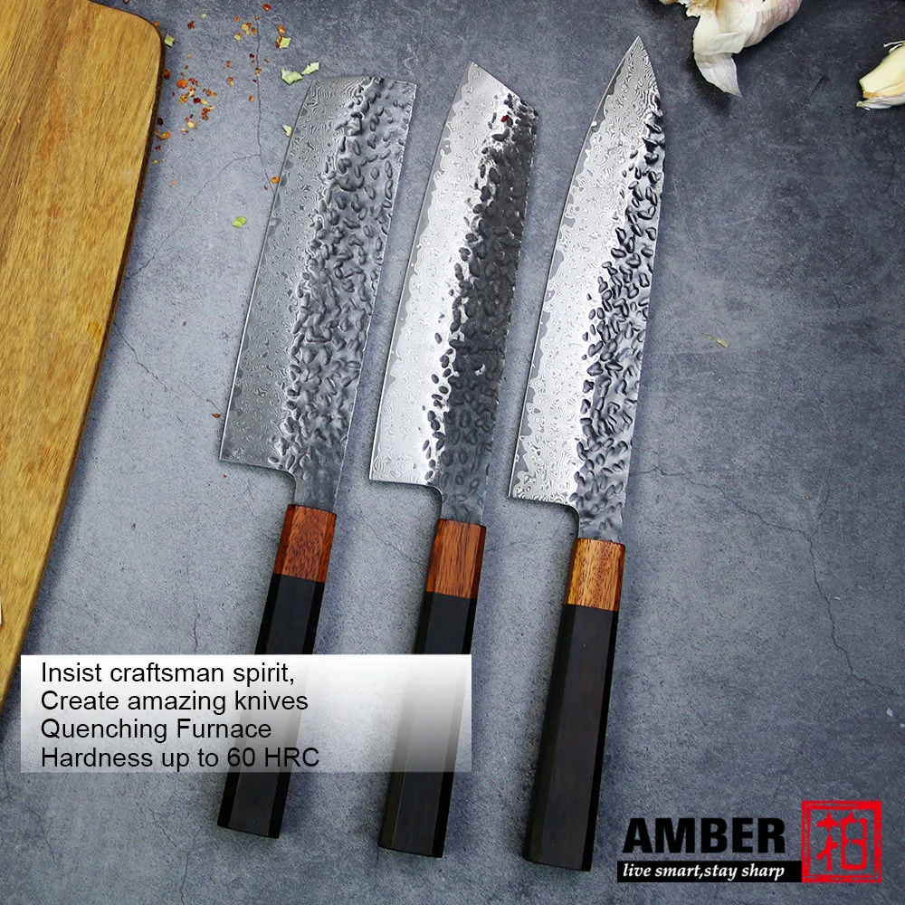 Coltello da cuoco forgiato ambra 67 strati VG10 coltello in acciaio damasco Nakiri Kiritsuke 1-3 pezzi coltelli da cucina giapponesi Set manico in bambù