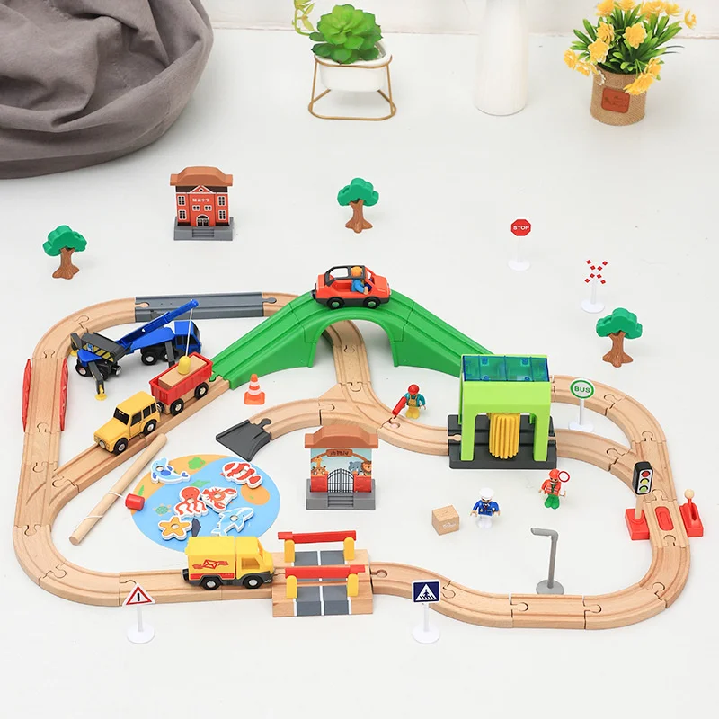 Wooden Track Train Set Car Wash Room Wooden Railway Car Educational Toys Compatible for Wooden Track Toys for Kids Gift