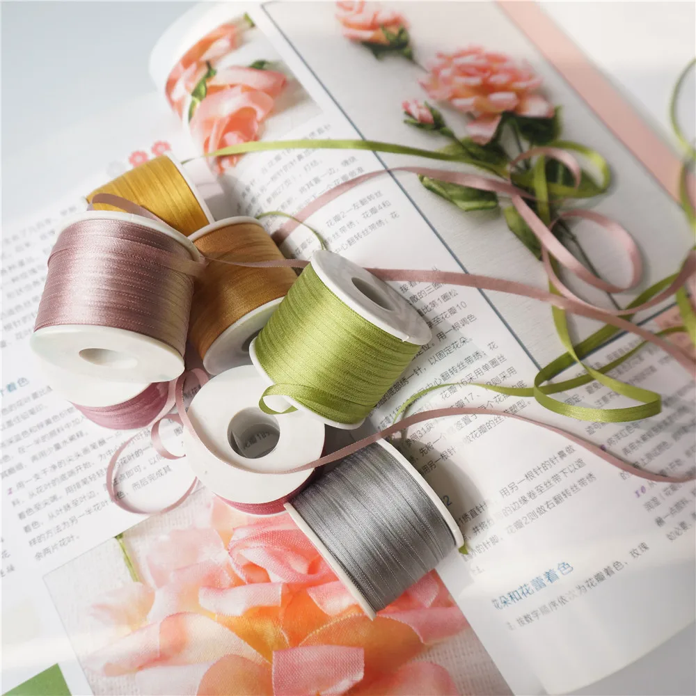 4mm Handmade Solid Colors Pure Silk Embroidery Ribbon Thin Taffeta Silk Satin Ribbon Handcraft