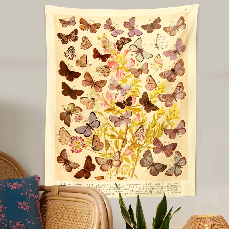 Retro Butterfly Reference Chart Tapestry Wall Haning Botanical Illustrated Antique Wall Decor Farmhose Decor Vintage Wall Art