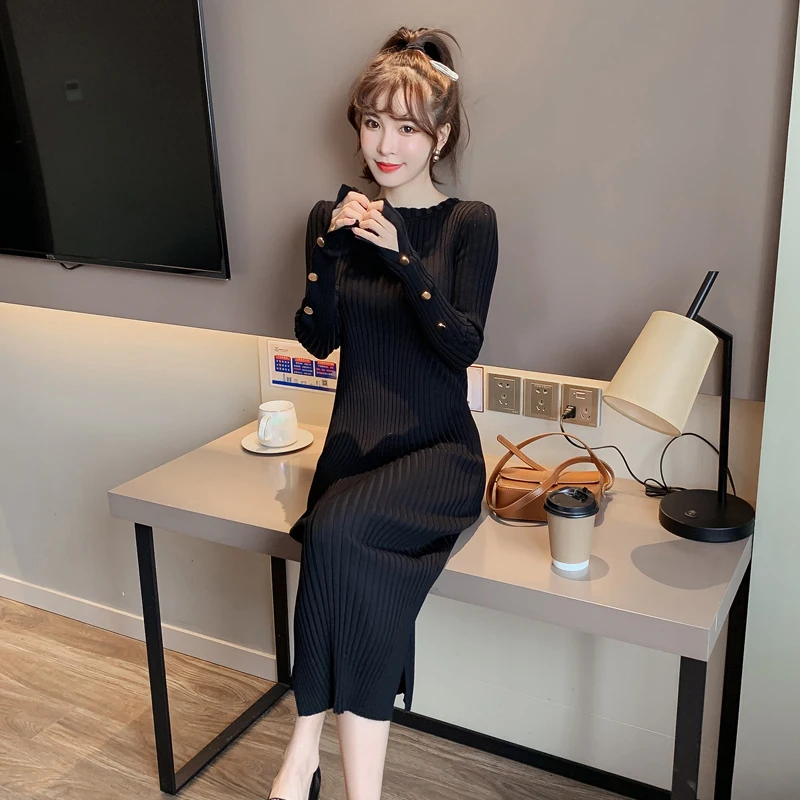 AYUNSUE Autumn Winter Sweater Dress Long Black Knitted Sweaters for Women Woman Pullover High Quality Korean 2021 Sueter Mujer