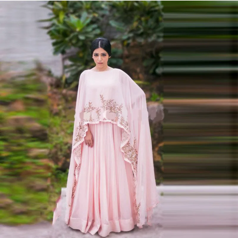 Chic Chiffon Long Prom Gowns With Cloak Dubai Arabic Formal Party Dress Appliques Indian Pink Prom Dresses India Clothing Women