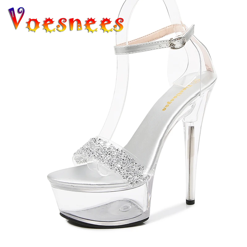 Voesnees Fine Heel Crystal Women's Sandals Summer New 15 cm High Heels Sexy Comfortable Ladies Wedding Shoes Catwalk Pole Dance