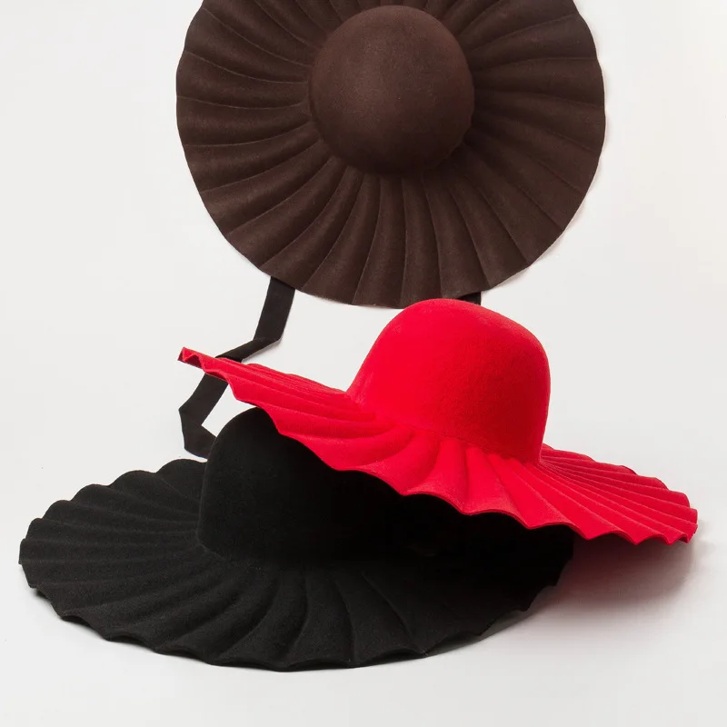 

Autumn Winter New Elegant Wool Big Wide Brim Hats For Women Sombrero Mujer Sunshade Dome Fedora Red Black Brown Top Church Caps