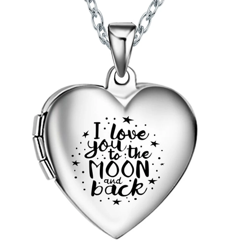 Stainless Steel I Love You to The Moon and Back Photo Memory Locket Heart Pendants Necklace  Pictures Locket Jewelry for Women